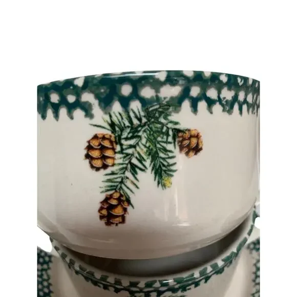 VTG Thomson Stoneware Green Sponge Pinecone Handled Soup Bowls & Plates Set of 4 - Picture 3 of 7